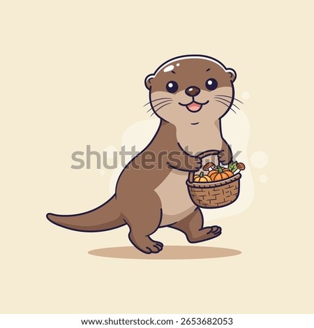 cute Otter with Basket of Mushrooms. vector illustration
