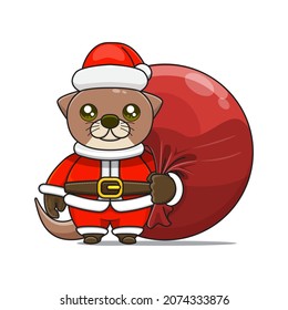 cute otter or beaver mascot, carrying red bundle bag and wearing santa claus costume, cute animal character wearing christmas costume, front view. kawaii and shiny style, perfect for christmas content