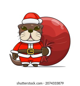 cute otter or beaver mascot, carrying red bundle bag and wearing santa claus costume, cute animal character wearing christmas costume, front view. kawaii and shiny style, perfect for christmas content