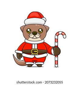 cute otter or beaver mascot, holding candy cane, wearing santa claus costume, cartoon animal character with sparkling eyes, front view. kawaii styles, flats, for kids and adults, for stickers. 