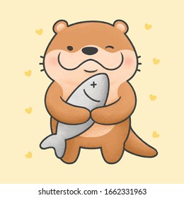 Cute otter and big fish hand drawn cartoon animal character. Hand drawing vector. Cartoon character design.