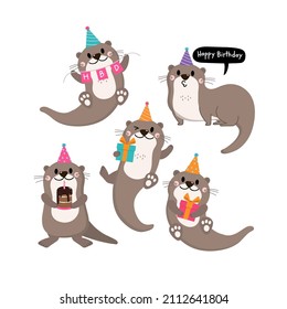 Cute otter in Birthday party. Animal cartoon character collection.