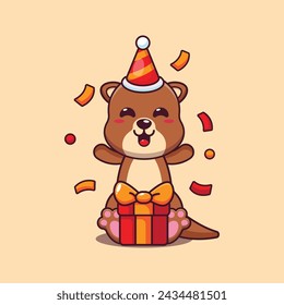 Cute otter in birthday party cartoon vector illustration. 