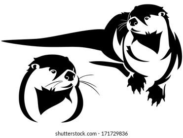 Cute otter black and white illustration - animal and head vector design