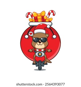 Cute otter carrying bag of presents with motorcycle. 
Cartoon vector illustration in Christmas day.