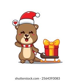 Cute otter carrying christmas gift box cartoon vector illustration. 
Cartoon vector illustration in Christmas day.