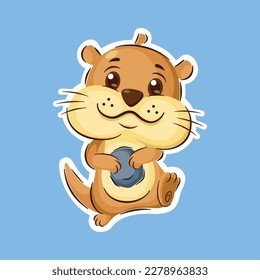 Cute Otter Cartoon Character Holding A Stone In Sticker Style Premium Vector Graphic Asset