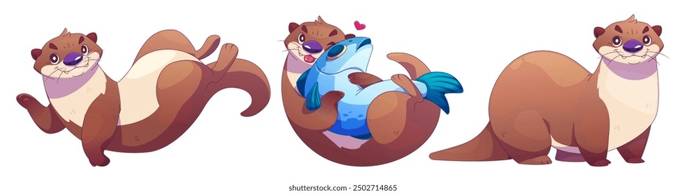 Cute otter cartoon character mascot in different poses. Vector illustration set of funny smiling water animal with brown fur floating and waving paw, hugging big fish with love, adorable standing.