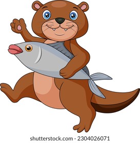 Cute otter cartoon with fish