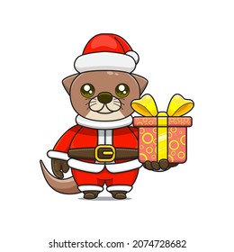 cute otter cartoon, giving christmas gifts and wearing santa claus costume, cute animal character wearing christmas costume, front view. kawaii and simple style, perfect for christmas content