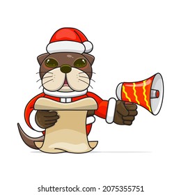 cute otter cartoon, wearing santa costume holding megaphone and reading script, cute animal character wearing christmas costume, front view. kawaii and simple style, suitable for christmas content