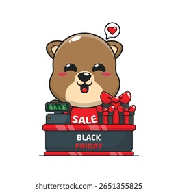 cute otter with cashier table in black friday sale cartoon vector illustration