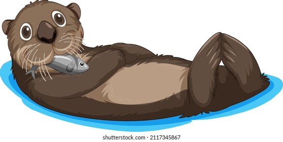 Cute otter catching fish while floating illustration