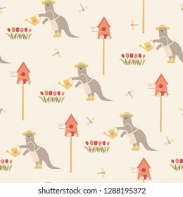 Cute otter character doing garden work. Vector seamless pattern