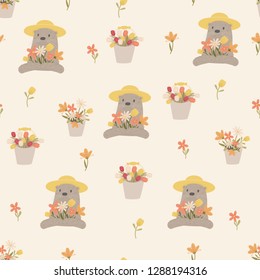 Cute otter character holding many garden flowers. Vector floral seamless pattern