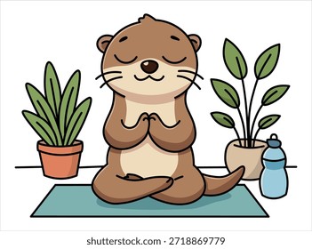 Cute otter character practicing yoga and meditation in lotus pose on mat with houseplants and water bottle, mindfulness, mental health and wellness concept illustration in flat kawaii style.