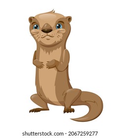 Cute otter character standing on white background. Cartoon vector drawing.