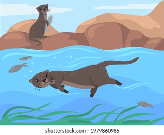 Cute otter character swimming in sea cartoon illustration. Cartoon mammal holding fish on rocks, animal with tail, fishes and seaweed underwater. Wildlife, nature, animals concept