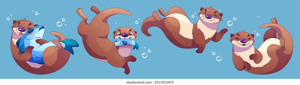 Cute otter character underwater sea illustration. Funny and happy weasel swimming in ocean isolated graphic design. Cheerful ferret drawing with fish asset collection. Waving animal mascot set