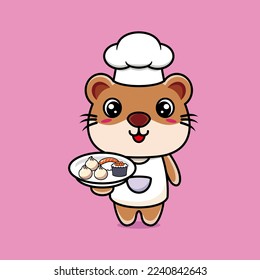 Cute otter chef cartoon character with bring japanese food