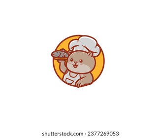 Cute otter chef serving fish dishes logo