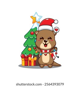 Cute otter with christmas lamp cartoon vector illustration. 
Cartoon vector illustration in Christmas day.