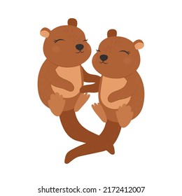 Cute Otter Clipart for Kids Holidays and Goods. Happy Clip Art Two Otters. Vector Illustration of an Animal for Stickers, Prints for Clothes, Baby Shower Invitation. 