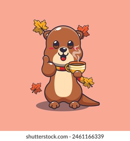 Cute otter with coffee in autumn season. Mascot cartoon vector illustration suitable for poster, brochure, web, mascot, sticker, logo and icon.