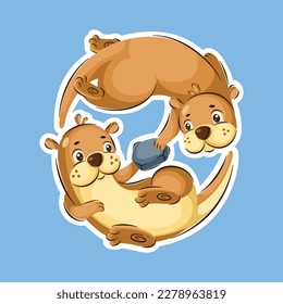 Cute Otter Couple Cartoon Characters In Sticker Style Premium Vector Graphic