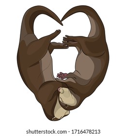 Cute otter couple sleeps in the heart shape. Vector illustration for postcard or greeting card