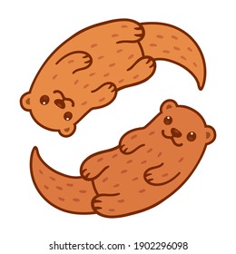 Cute otter couple swimming in yin yang shape. Two cartoon little otters, vector clip art illustration.