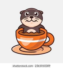 Cute Otter In A Cup Of Coffee Vector Cartoon Illustration