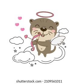 Cute otter cupid cartoon hug fly in the sky. Valentines day card.