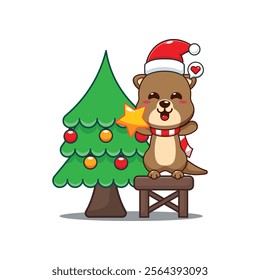 Cute otter decorating the Christmas tree on Christmas day. 
Cartoon vector illustration in Christmas day.