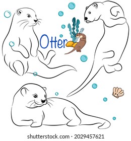 Cute otter doodle collection in different poses in free hand drawing vector illustration style.