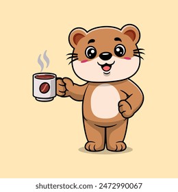 Cute otter drinking coffee cartoon icon illustration. Animal drink icon concept isolated flat cartoon style