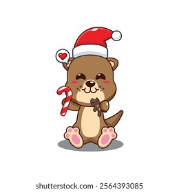 Cute otter eating christmas cookies and candy. 
Cartoon vector illustration in Christmas day.