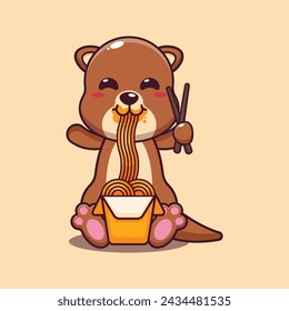 Lindo nutria comiendo fideos ilustración vectorial de dibujos animados. Ilustración de dibujos animados vectoriales adecuada para póster, folleto, web, mascota, etiqueta engomada, logotipo e icono.