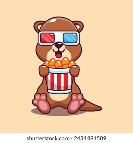 Cute otter eating popcorn and watch 3d movie cartoon vector illustration. Vector cartoon Illustration suitable for poster, brochure, web, mascot, sticker, logo and icon.