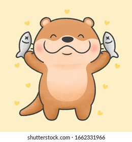 Cute otter and fish hand drawn cartoon animal character. Hand drawing vector. Cartoon character design.