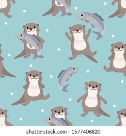 Cute otter and fish seamless pattern. Animal wildlife cartoon character background.