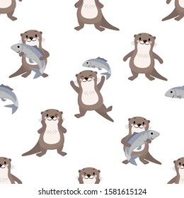 Cute otter and fish seamless pattern. Animal wildlife cartoon character background.