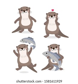 Cute otter and fish vector. Happy animal wildlife cartoon character set.