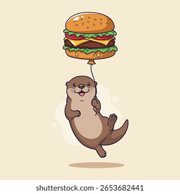 Cute Otter Floating with Burger Balloon, vector illustration