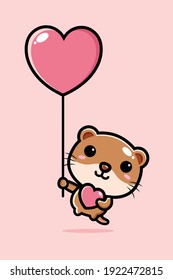 cute otter flying with love balloon