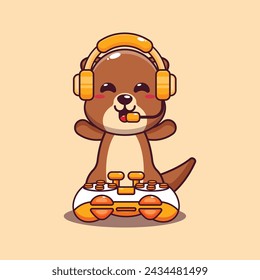 Cute otter gamer cartoon vector illustration.