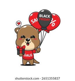 cute otter with gifts and balloons in black friday sale cartoon vector illustration