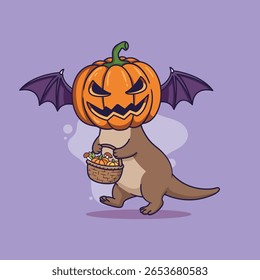 cute otter Halloween Pumpkin Head with Basket and Bat Wings. vector illustration
