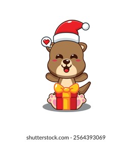 Cute otter happy with christmas gift cartoon vector illustration. 
Cartoon vector illustration in Christmas day.