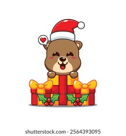 Cute otter is happy to receive a Christmas gift cartoon vector illustration. 
Cartoon vector illustration in Christmas day.